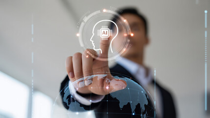 AI customer support for ecommerce. AI technology innovation digital business future intelligence virtual interface globe. AI for service