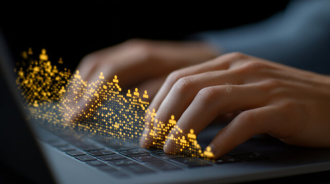 Close-up of Hands Typing on Laptop with Data Visualization Overlay