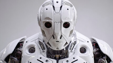 Close up of a futuristic white android with red optics against a plain background showcases details.