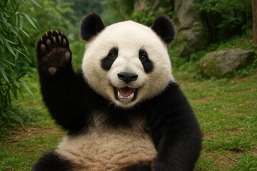 Fototapeta premium A Playful Panda Wave in a Forested Encounter