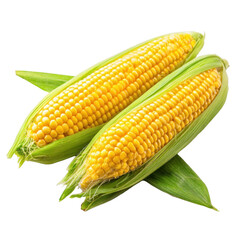 Two golden ears of corn, vibrant yellow kernels nestled in fresh green husks