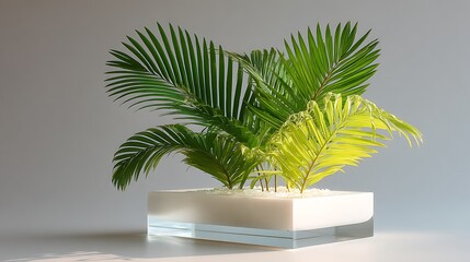 Fototapeta premium Modern white base with lighting and palm leaf accent 