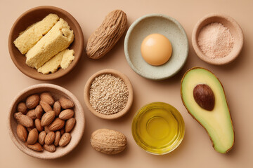 Assorted raw vegan ingredients including avocado, nuts, oil, grains, and powder on neutral background, creating calm and minimal composition with natural textures and earthy tones