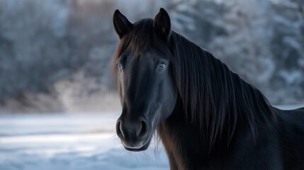 Obraz premium Percheron draft horse in snowy rural field, steam rising from breath in early morning chill.