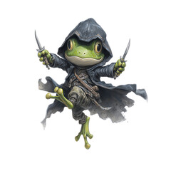 Fototapeta premium Playful frog in a hooded cloak with knives.
