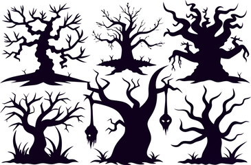 6 Spooky Halloween Tree Silhouettes Vector Pack