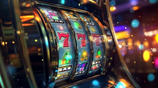 A one-armed bandit slot machine with a winning combination with red 777  numbers in the background blurred with multicolored casino lights.