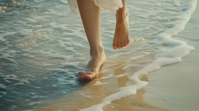 Close up feet walking on the beach barefoot person human. - Powered by Adobe