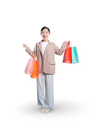  Asian woman looks down admiringly at one of her shopping bags, clearly delighted with her purchase, captured in a full-body shot against a png background.

