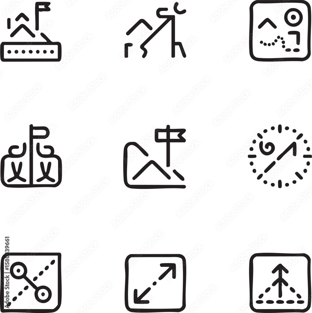 Poster minimalist black line art icon set depicting navigation and direction symbols compass