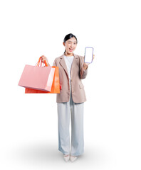 A charming young Asian woman winks playfully while holding her shopping bags and showing a blank-screen smartphone against a seamless png background.
