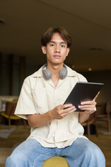 Non binary Asian student man sitting in modern coffee shop using digital tablet computer