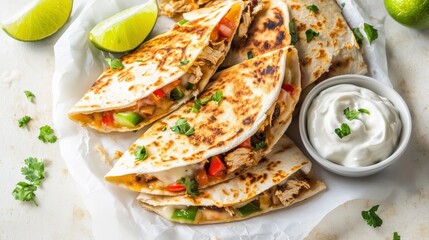 Top-down view of appetizing chicken quesadillas, showcasing perfectly grilled tortillas encasing savory chicken, melting cheese, and fresh vegetables, presented on a clean plate.