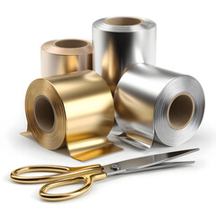 set of ribbon rolls and metal scissors isolated on pure white background