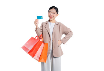 A playful and charming young Asian woman winks at the camera while holding shopping bags and a credit card, suggesting a secret deal or a fun shopping experience.

