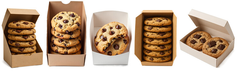  Set of Chocolate Chip Cookies in Takeaway Boxes Isolated on a Transparent Background, A collection of freshly baked chocolate chip cookies packaged in various cardboard and white paper takeaway boxes