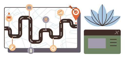 Curved roadmap on map background with milestones, icons for goals, and dashboard element. Ideal for planning, strategy, productivity, goal setting, organization, project management simple landing