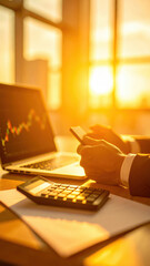 Photography close-up of businessman working with market trade graph.