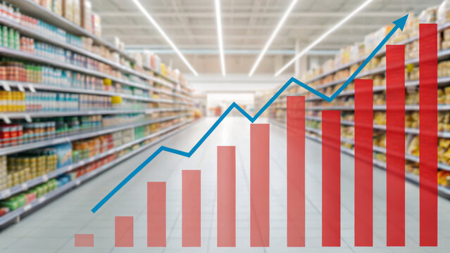 Cost of living increase and inflation. Rising bar chart blue line graph supermarket aisle grocery shelves inflation cost of living economic. Rising prices,financial pressure,economic crisis