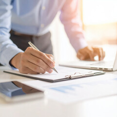 Photography close-up of businessman working with market trade graph.
