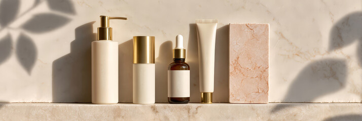 Elegant skincare product arrangement on marble surface