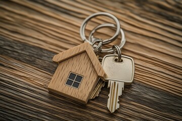 Symbolic real estate representation featuring a house-shaped keychain** with its accompanying keys