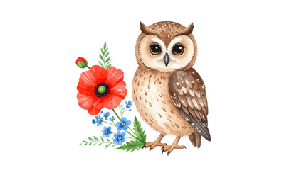 Obraz premium Cute little brown owl sitting on a branch isolated on white background
