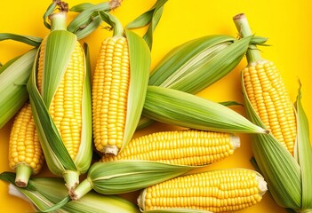 Several fresh corn cobs on vibrant yellow background,  bounty,  vibrant