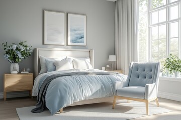 Fototapeta premium Scandinavian style bedroom featuring natural wood furniture with elegant velvet and tufted accents