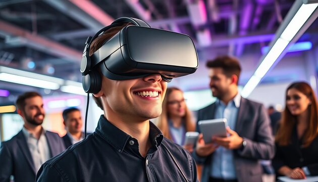Smiling figure in VR headset, colleagues brainstorming nearby, futuristic setting,   future tech,   modern