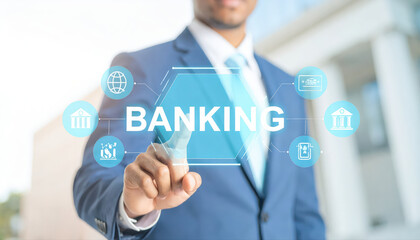 Photography of businessman touching a word "BANKING" on the virtual screen interface in the air with bank building background.