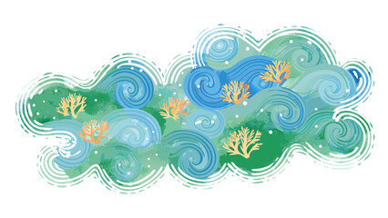 Fototapeta premium Watercolor illustration of ocean waves with coral and white dots in a decorative style