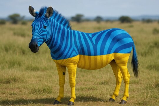 A blue and yellow zebra stands in a grassy field