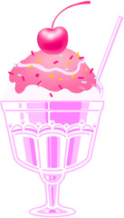 여름 간식 이미지. 귀여운 유리잔에 담긴 체리 아이스크림 컵빙수 일러스트