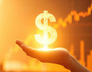 Photography of human hand holding digital S hologram with trading market graph background.