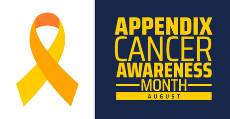 Appendix Cancer Awareness Month background, banner or poster design for August featuring orange and yellow ribbon on blue background, promoting support, advocacy, and education for rare cancer.