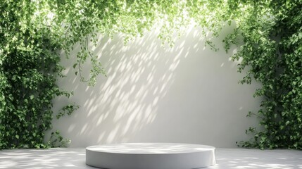 Empty, round pedestal with lush greenery backdrop.