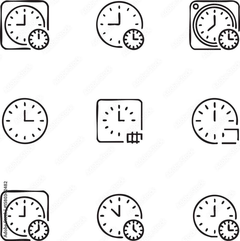 Aufkleber nine minimalist black line art clock icons with different styles and time displays vector