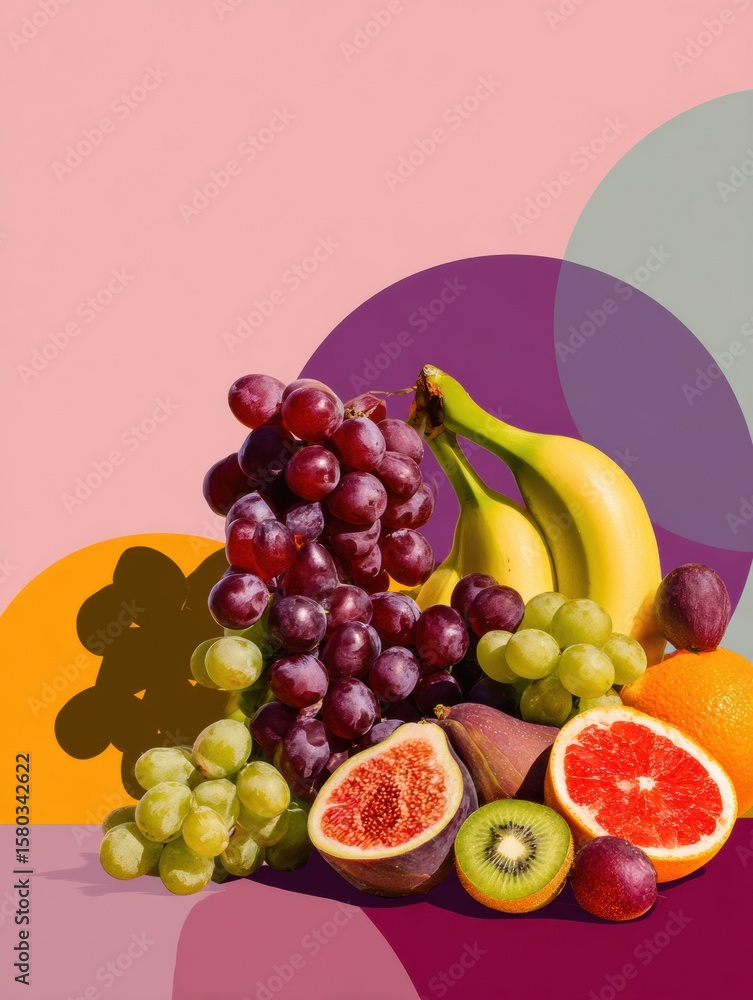 Poster vibrant collage of assorted fruits with colorful background and shadowed space for text