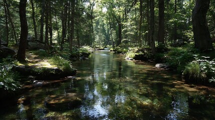 Obraz premium Sunlit forest with winding clear stream design 