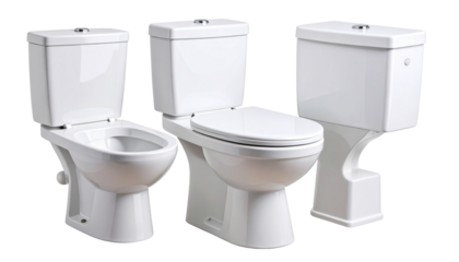 Modern bathroom furniture set featuring a sleek toilet with smooth ceramic finish, compact tank, and minimal design. Isolated on a transparent background, ideal for interior layouts, sanitary product 