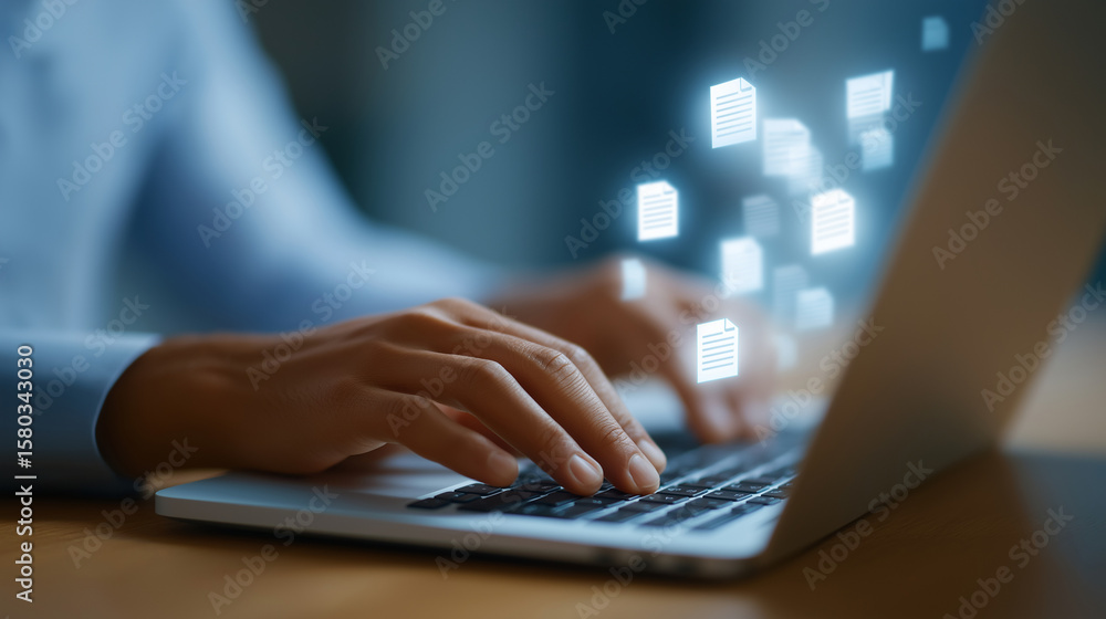 Poster close-up of hands typing on laptop with floating document pages