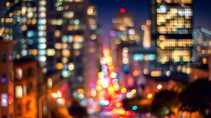 Colorful blurred city lights at night creating abstract bokeh background of urban Tokyo, Japan skyline