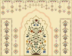 Rajasthani Jharokha Arches Wallpaper Mural for Home Decor, Luxury Mughal Architecture Floral Wall Mural, Traditional Indian Haveli Wall Art, Wedding Back Drops, Indian Wedding Digital Backdrop, Vector © Sidra