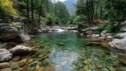 Pure river water gliding over polished stones in scenic valley  
