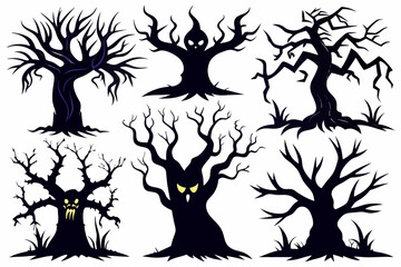 6 Spooky Halloween Tree Silhouettes Vector Pack