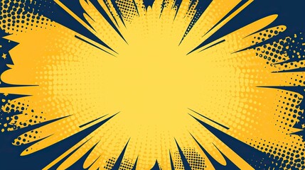 Blue and yellow comic book-style background with lightning bolts radiating from center, halftone pattern, vector illustration in flat design, bright colors, high contrast, dynamic lines, sharp details