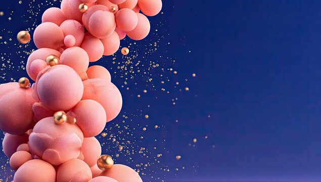 Abstract, swirling cluster of soft pink, rounded forms, against a deep indigo background.  Gold particles scatter throughout