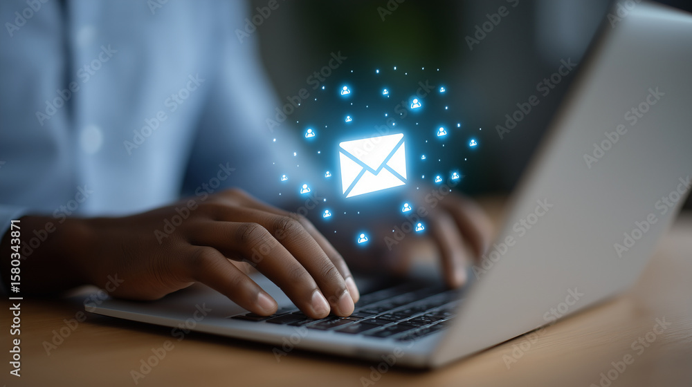 Aufkleber email notification interface with user avatars and laptop typing