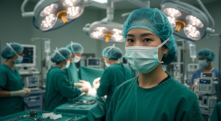 Portrait of a female surgeon wearing a surgical mask in an operating room during a procedure